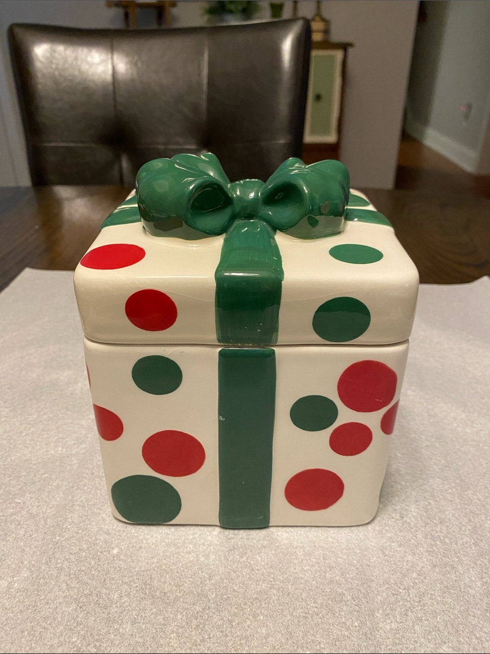 Ceramic Gift Box Cookie Jar - Green & Red Polka Dot